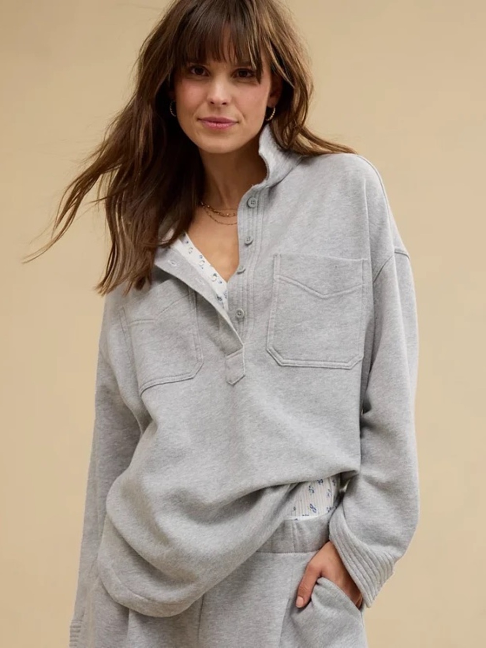 Aerie Popover Polo Oversized Rugby Fleece Cotton Terry Grey Sweatshirt Shacket